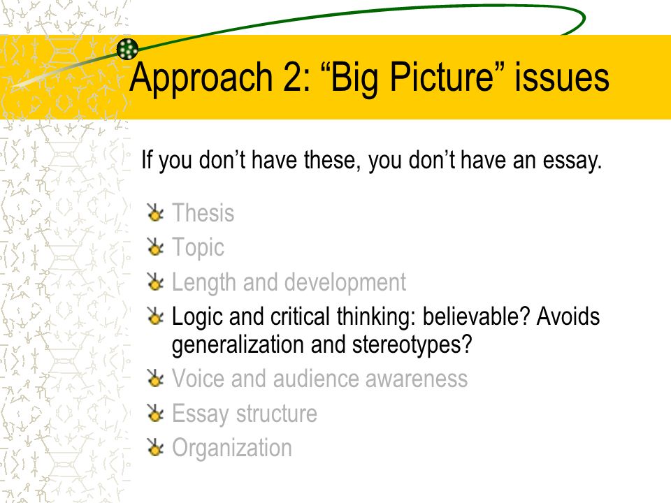Approach 2: Big Picture issues Thesis Topic Length and development Logic and critical thinking: believable.