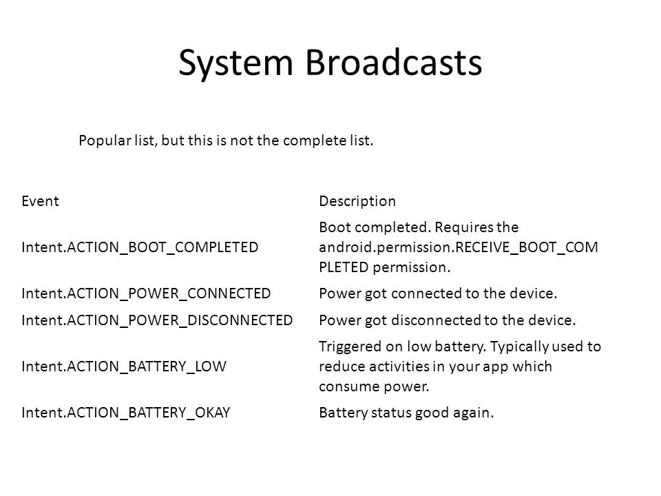 Cosc 5/4730 Broadcast Receiver. Broadcast receiver A broadcast receiver  (short receiver) – is an Android component which allows you to register for  system. - ppt download