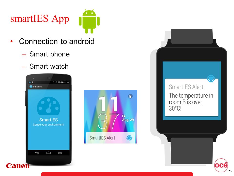 smartIES App Connection to android –Smart phone –Smart watch 15