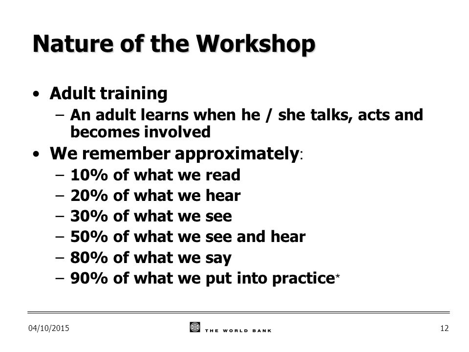 04/10/ Nature of the Workshop Adult training –An adult learns when he / she talks, acts and becomes involved We remember approximately : –10% of what we read –20% of what we hear –30% of what we see –50% of what we see and hear –80% of what we say –90% of what we put into practice *