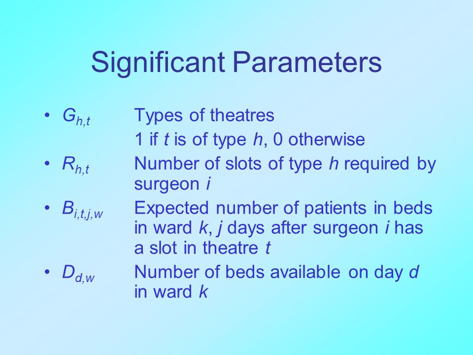 Significant Parameters G h,t Types of theatres 1 if t is of type h, 0 otherwise R h,t Number of slots of type h required by surgeon i B i,t,j,w Expected number of patients in beds in ward k, j days after surgeon i has a slot in theatre t D d,w Number of beds available on day d in ward k