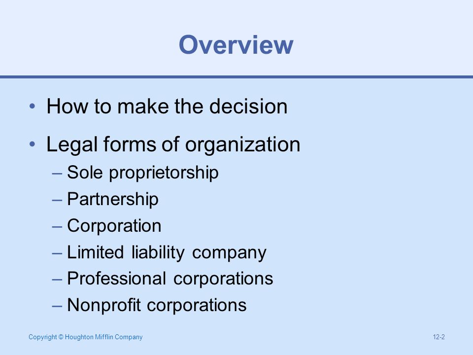 chapter 12 legal forms of organization copyright houghton mifflin form of organization