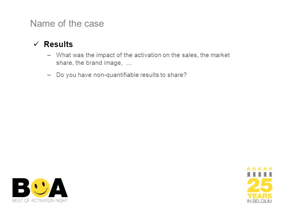 Name of the case Results –What was the impact of the activation on the sales, the market share, the brand image,...