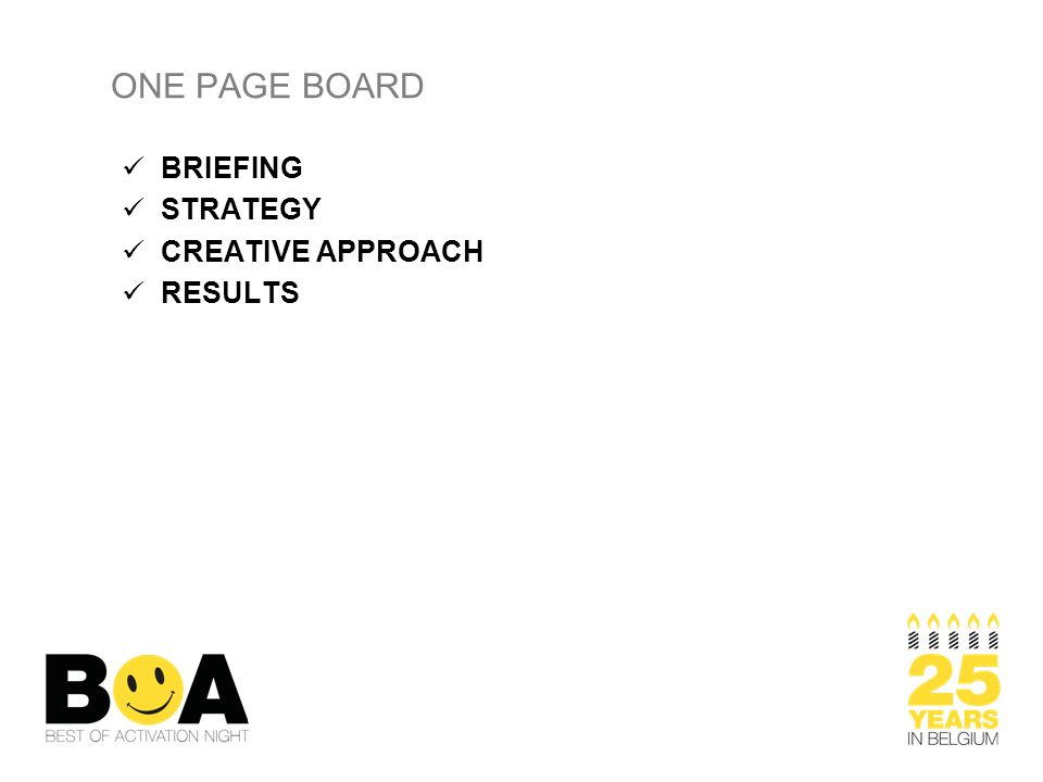 ONE PAGE BOARD BRIEFING STRATEGY CREATIVE APPROACH RESULTS