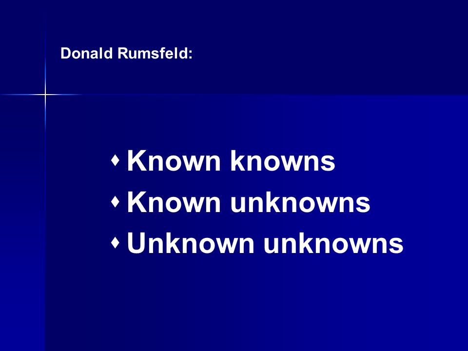  Known knowns  Known unknowns  Unknown unknowns Donald Rumsfeld: