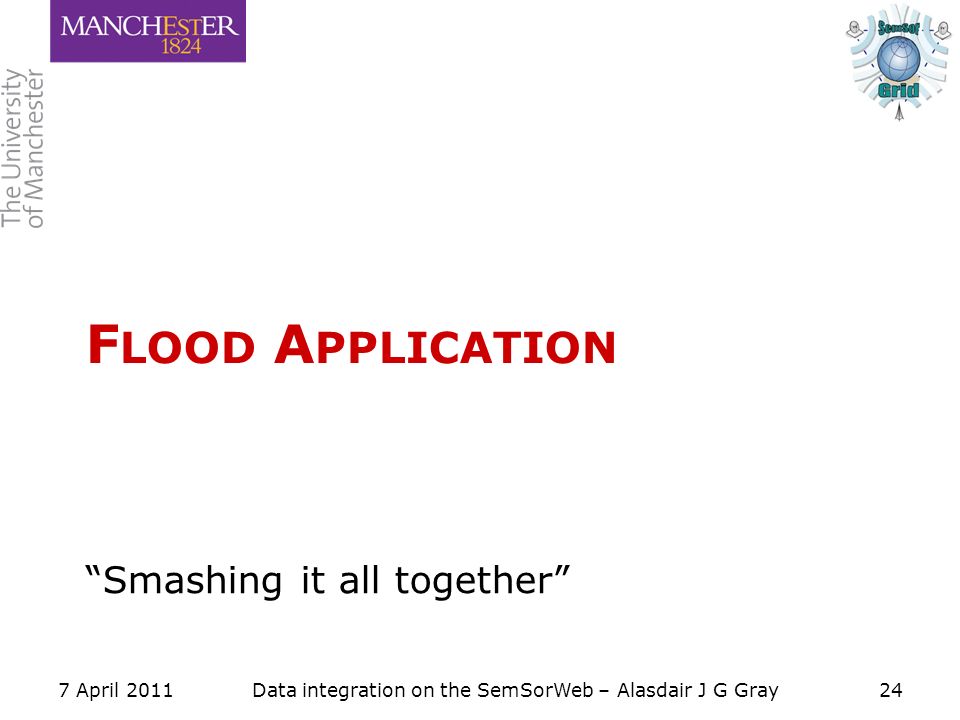 F LOOD A PPLICATION Smashing it all together 7 April 2011Data integration on the SemSorWeb – Alasdair J G Gray24
