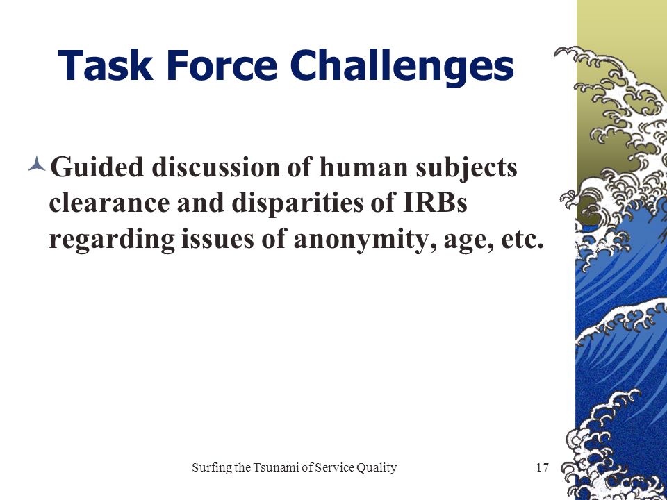 Surfing the Tsunami of Service Quality17 Task Force Challenges Guided discussion of human subjects clearance and disparities of IRBs regarding issues of anonymity, age, etc.