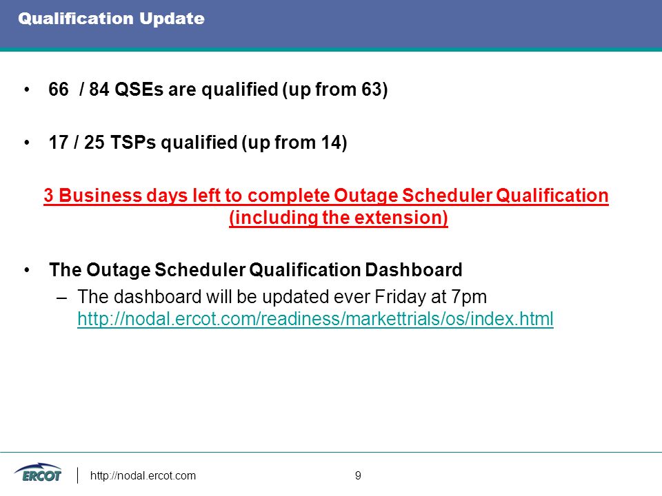 Qualification Update 66 / 84 QSEs are qualified (up from 63) 17 / 25 TSPs qualified (up from 14) 3 Business days left to complete Outage Scheduler Qualification (including the extension) The Outage Scheduler Qualification Dashboard –The dashboard will be updated ever Friday at 7pm