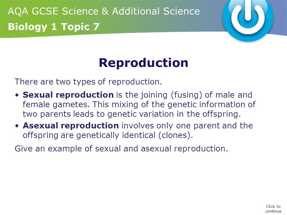 AQA GCSE Science & Additional Science Biology 1 Topic 7 Reproduction There are two types of reproduction.