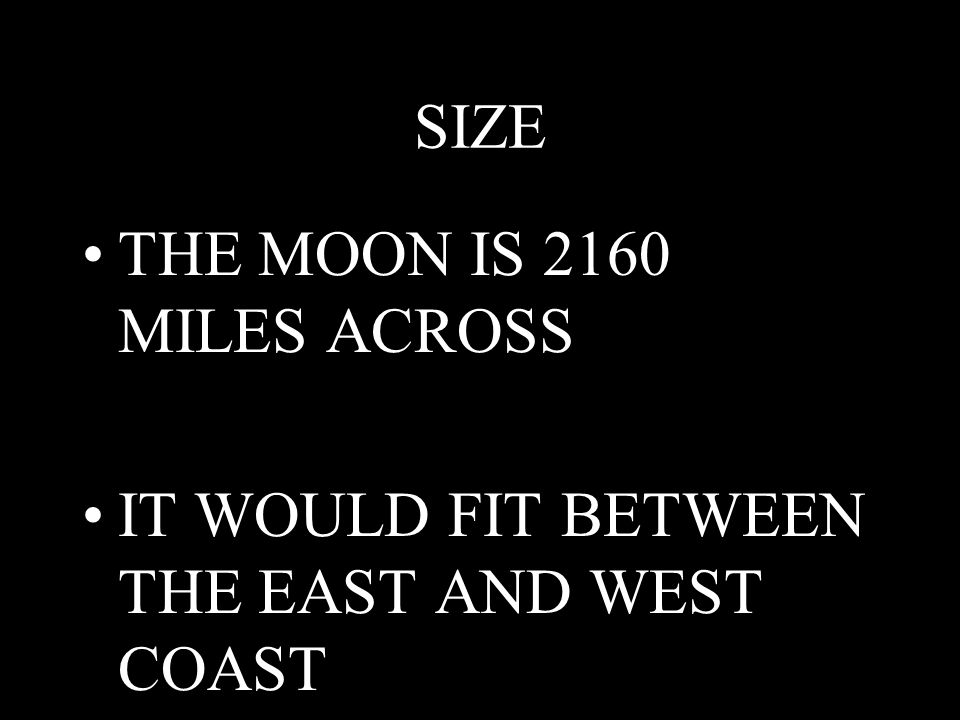 THE MOON SIZE THE MOON IS 2160 MILES ACROSS IT WOULD FIT BETWEEN THE EAST  AND WEST COAST. - ppt download