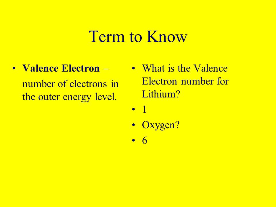 Term to Know Valence Electron – number of electrons in the outer energy level.