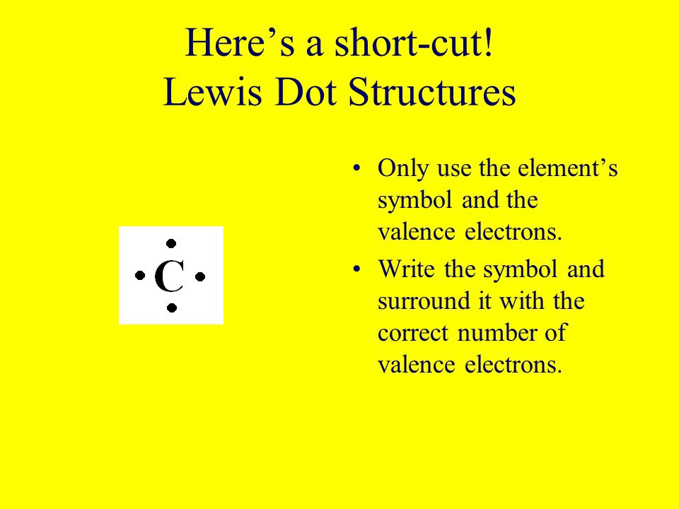 Here’s a short-cut. Lewis Dot Structures Only use the element’s symbol and the valence electrons.