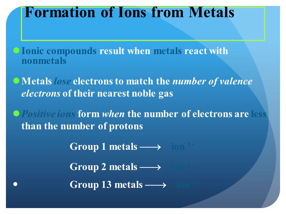 Formation of Ions from Metals Ionic compounds result when metals react with nonmetals Metals lose electrons to match the number of valence electrons of their nearest noble gas Positive ions form when the number of electrons are less than the number of protons Group 1 metals  ion 1+ Group 2 metals  ion 2+ Group 13 metals  ion 3+