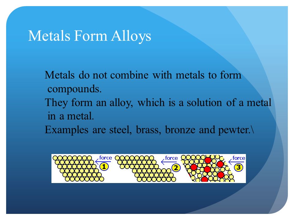 Metals Form Alloys Metals do not combine with metals to form compounds.