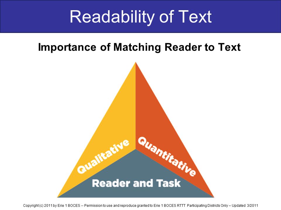 Readability of Text Importance of Matching Reader to Text Copyright (c) 2011 by Erie 1 BOCES -- Permission to use and reproduce granted to Erie 1 BOCES RTTT Participating Districts Only – Updated 3/2011