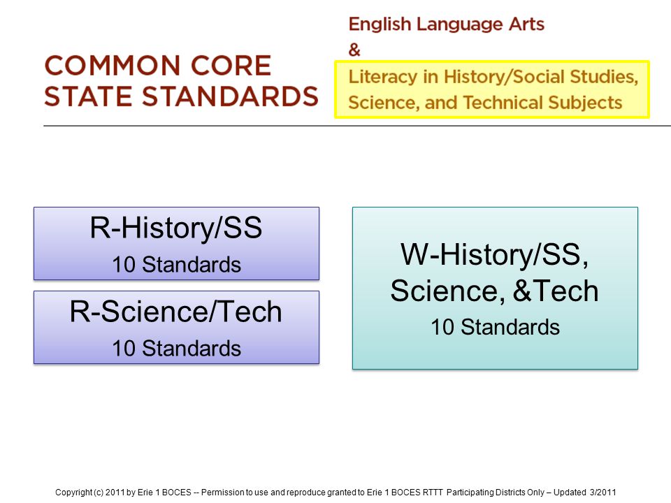 R-History/SS 10 Standards R-History/SS 10 Standards W-History/SS, Science, &Tech 10 Standards W-History/SS, Science, &Tech 10 Standards R-Science/Tech 10 Standards R-Science/Tech 10 Standards Copyright (c) 2011 by Erie 1 BOCES -- Permission to use and reproduce granted to Erie 1 BOCES RTTT Participating Districts Only – Updated 3/2011