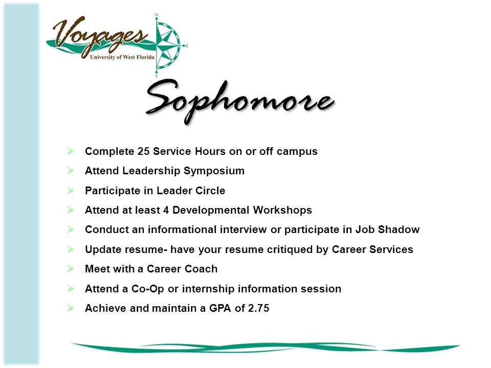  Complete 25 Service Hours on or off campus  Attend Leadership Symposium  Participate in Leader Circle  Attend at least 4 Developmental Workshops  Conduct an informational interview or participate in Job Shadow  Update resume- have your resume critiqued by Career Services  Meet with a Career Coach  Attend a Co-Op or internship information session  Achieve and maintain a GPA of 2.75 Sophomore