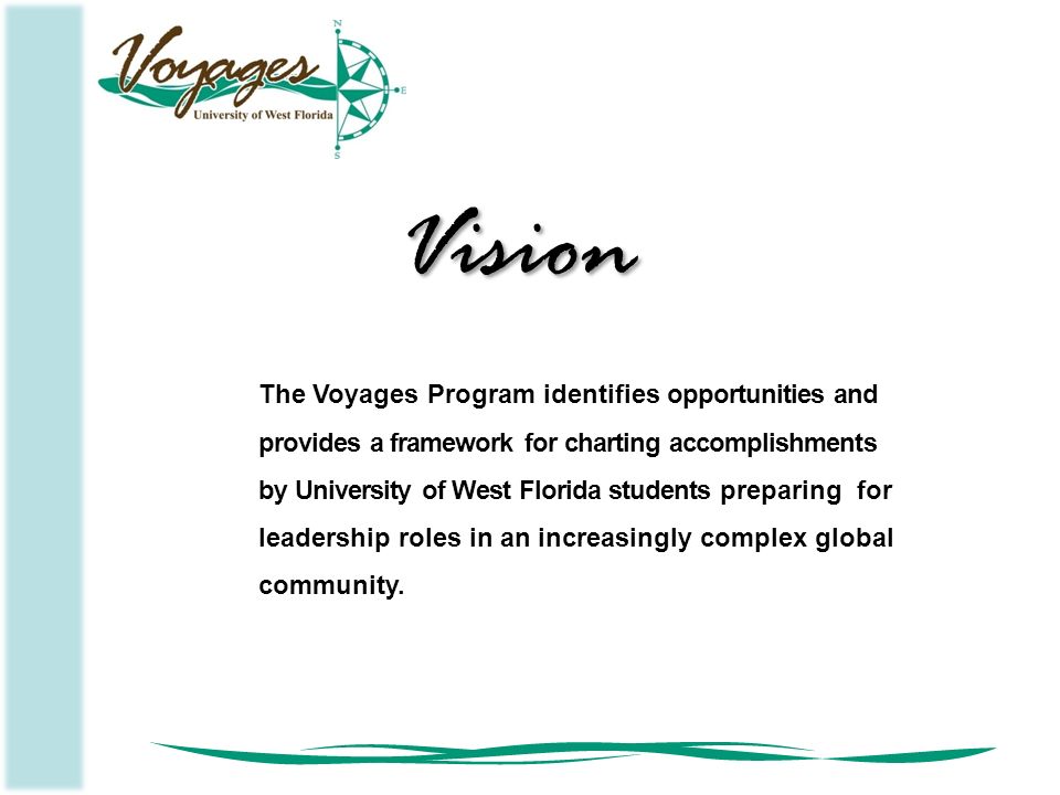 The Voyages Program identifies opportunities and provides a framework for charting accomplishments by University of West Florida students preparing for leadership roles in an increasingly complex global community.