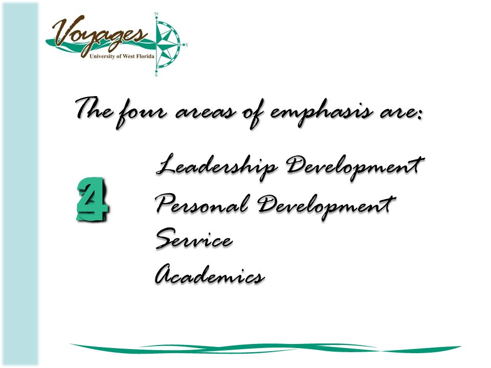 Leadership Development 12 Personal Development 3 Service 4 Academics The four areas of emphasis are: