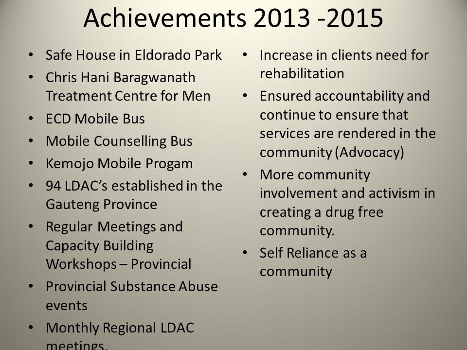 Achievements Safe House in Eldorado Park Chris Hani Baragwanath Treatment Centre for Men ECD Mobile Bus Mobile Counselling Bus Kemojo Mobile Progam 94 LDAC’s established in the Gauteng Province Regular Meetings and Capacity Building Workshops – Provincial Provincial Substance Abuse events Monthly Regional LDAC meetings.