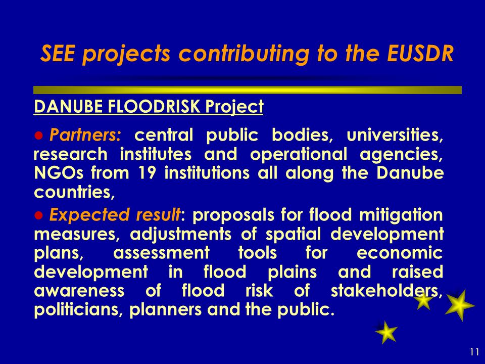 SEE projects contributing to the EUSDR DANUBE FLOODRISK Project Partners: central public bodies, universities, research institutes and operational agencies, NGOs from 19 institutions all along the Danube countries, Expected result : proposals for flood mitigation measures, adjustments of spatial development plans, assessment tools for economic development in flood plains and raised awareness of flood risk of stakeholders, politicians, planners and the public.