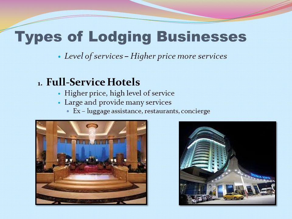 Types of Lodging Businesses Level of services – Higher price more services 1.