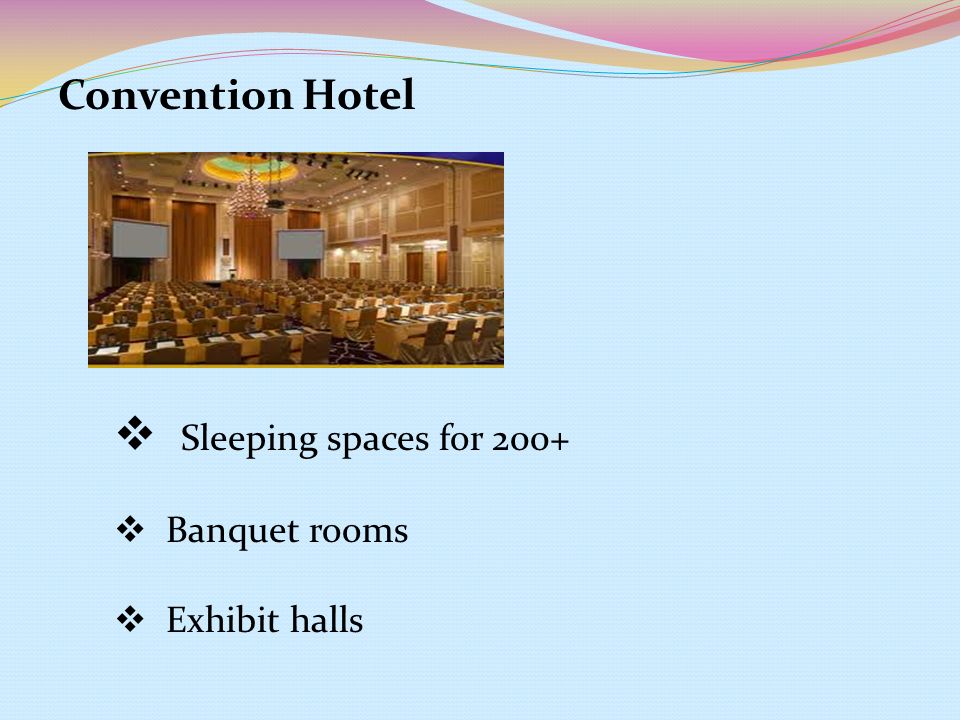 Convention Hotel  Sleeping spaces for 200+  Banquet rooms  Exhibit halls