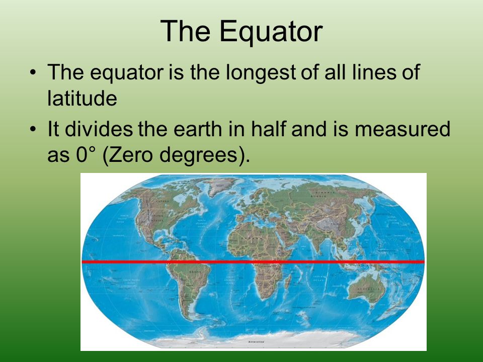 The Equator The equator is the longest of all lines of latitude It divides the earth in half and is measured as 0° (Zero degrees).