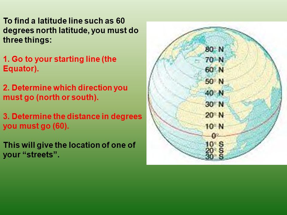 To find a latitude line such as 60 degrees north latitude, you must do three things: 1.