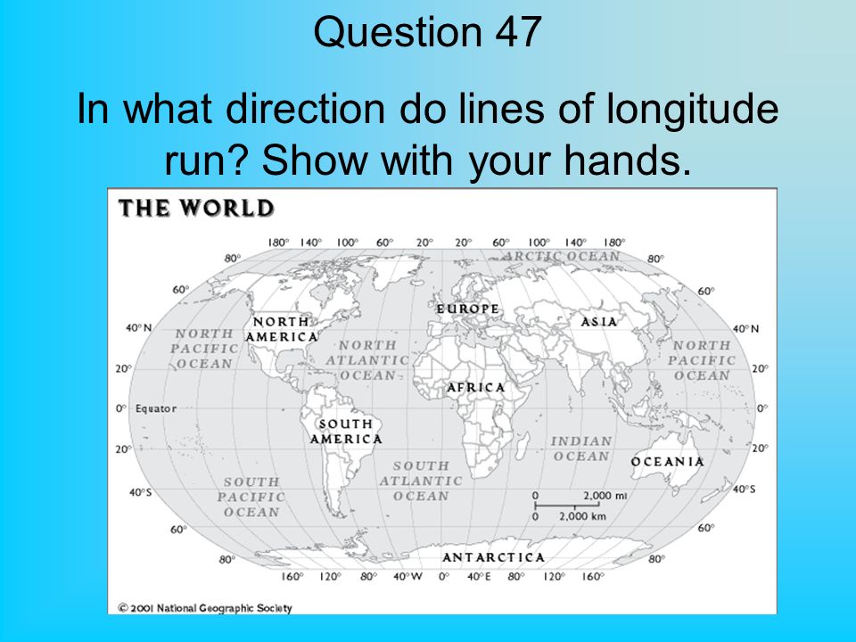 Question 47 In what direction do lines of longitude run Show with your hands.