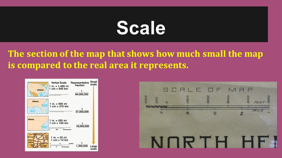 Scale The section of the map that shows how much small the map is compared to the real area it represents.