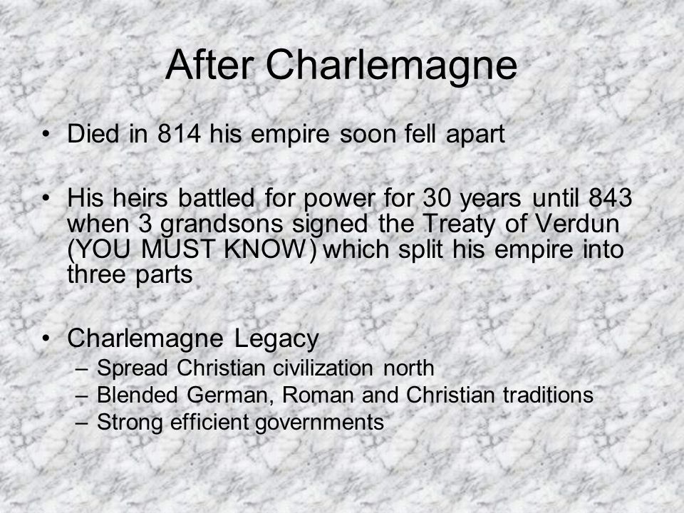After Charlemagne Died in 814 his empire soon fell apart His heirs battled for power for 30 years until 843 when 3 grandsons signed the Treaty of Verdun (YOU MUST KNOW) which split his empire into three parts Charlemagne Legacy –Spread Christian civilization north –Blended German, Roman and Christian traditions –Strong efficient governments