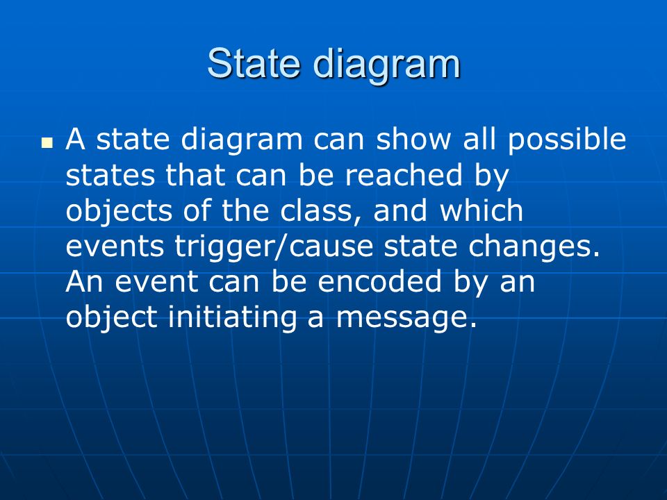 State diagram A state diagram can show all possible states that can be reached by objects of the class, and which events trigger/cause state changes.