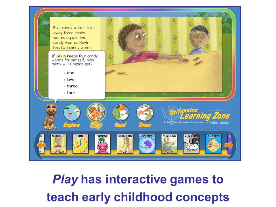 Play has interactive games to teach early childhood concepts