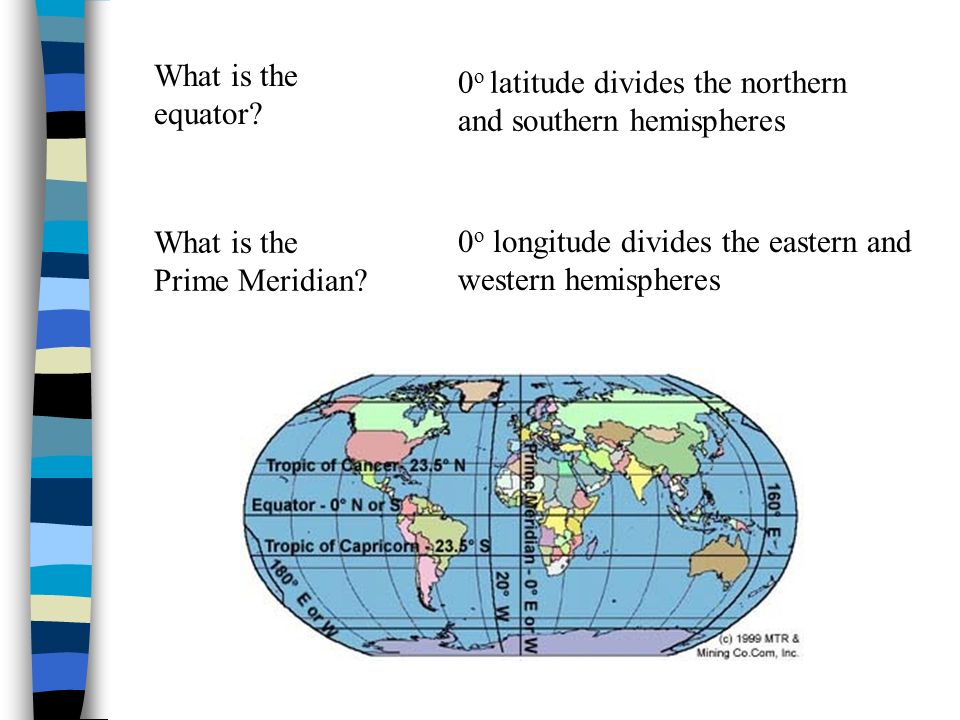 0 o latitude divides the northern and southern hemispheres 0 o longitude divides the eastern and western hemispheres What is the equator.