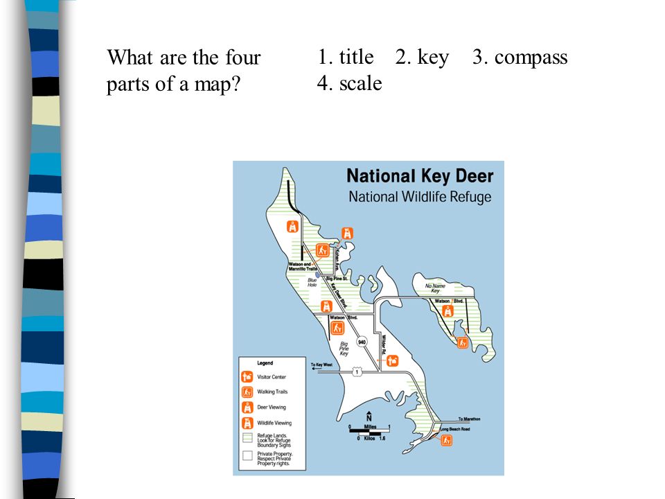What are the four parts of a map 1. title 2. key 3. compass 4. scale