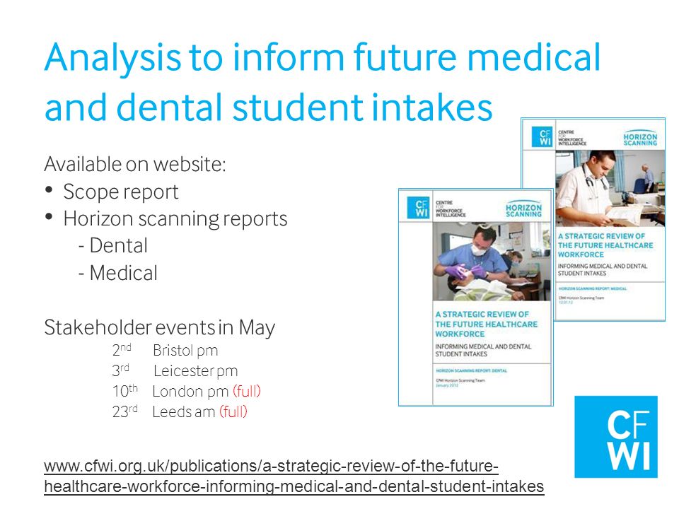 Analysis to inform future medical and dental student intakes Available on website: Scope report Horizon scanning reports - Dental - Medical Stakeholder events in May 2 nd Bristol pm 3 rd Leicester pm 10 th London pm (full) 23 rd Leeds am (full)   healthcare-workforce-informing-medical-and-dental-student-intakes