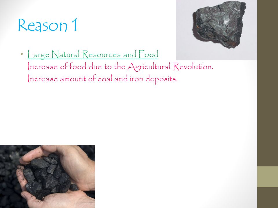 Reason 1 Large Natural Resources and Food Increase of food due to the Agricultural Revolution.