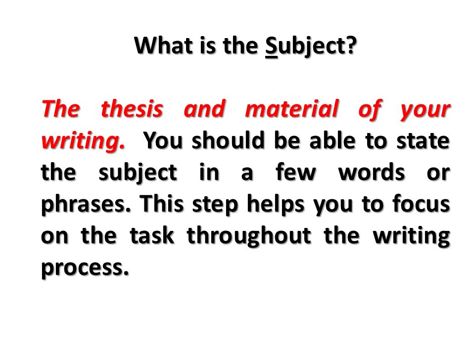 What is the Subject. The thesis and material of your writing.