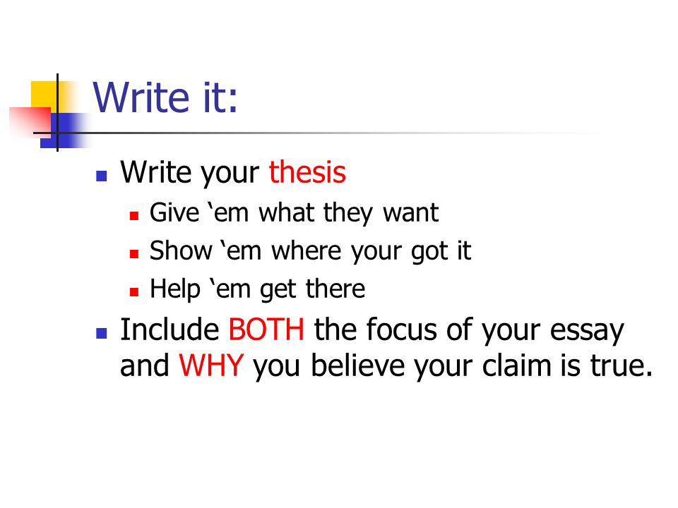 Write it: Write your thesis Give ‘em what they want Show ‘em where your got it Help ‘em get there Include BOTH the focus of your essay and WHY you believe your claim is true.