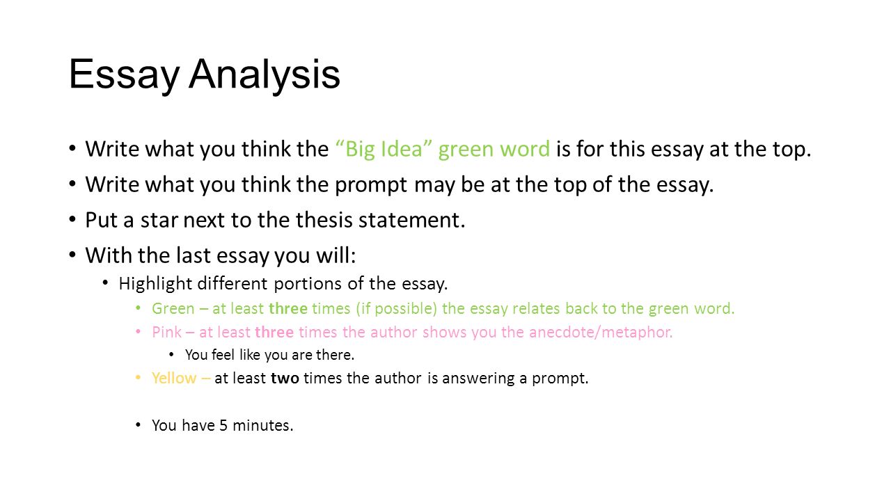 Essay Analysis Write what you think the Big Idea green word is for this essay at the top.