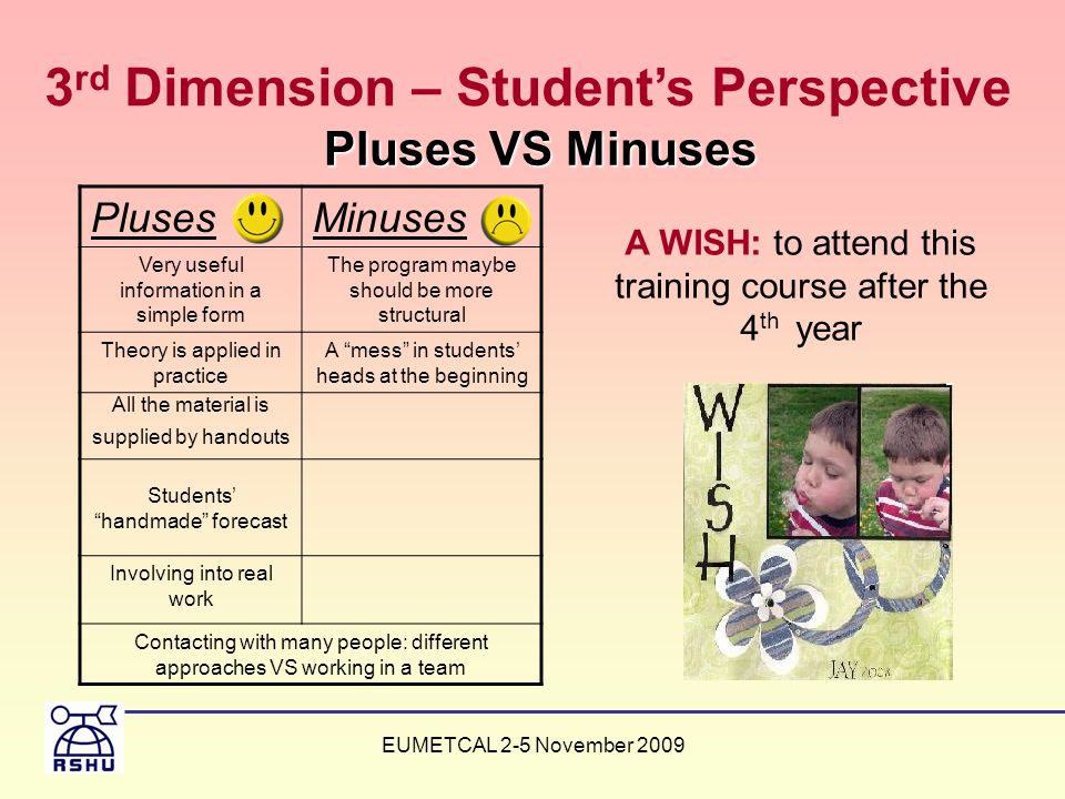 EUMETCAL 2-5 November 2009 Pluses VS Minuses PlusesMinuses Very useful information in a simple form The program maybe should be more structural Theory is applied in practice A mess in students’ heads at the beginning All the material is supplied by handouts Students’ handmade forecast Involving into real work Contacting with many people: different approaches VS working in a team A WISH: to attend this training course after the 4 th year 3 rd Dimension – Student’s Perspective