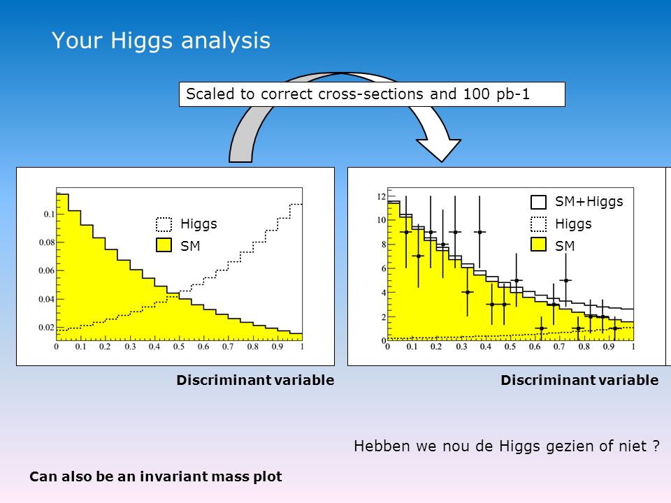 Your Higgs analysis Discriminant variable Higgs SM Hebben we nou de Higgs gezien of niet .