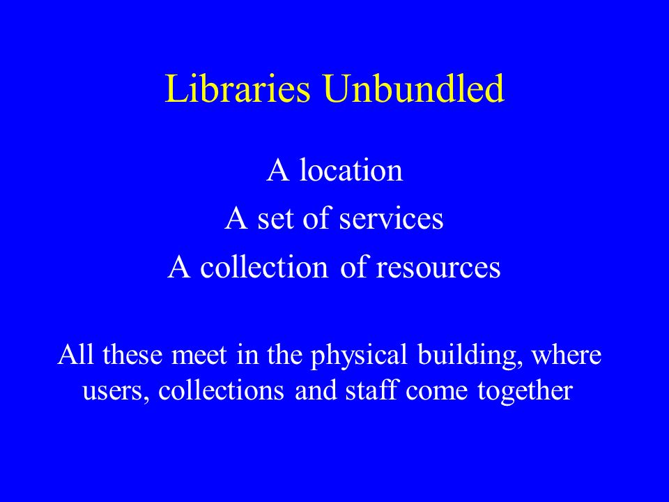 Libraries Unbundled A location A set of services A collection of resources All these meet in the physical building, where users, collections and staff come together