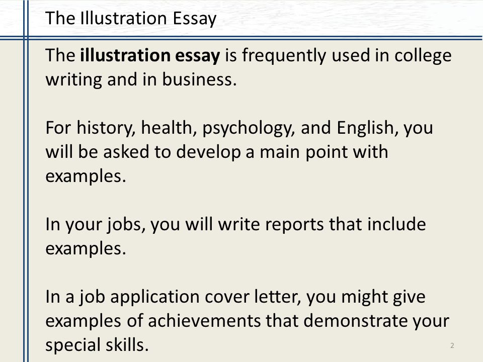 Essays Examples English The Illustration Essay Is Frequently Used In College Writing And In Business What Is An Essay Thesis also Write A Good Thesis Statement For An Essay Chapter Types Of Essays Part The Illustration Essay Is Science Essay