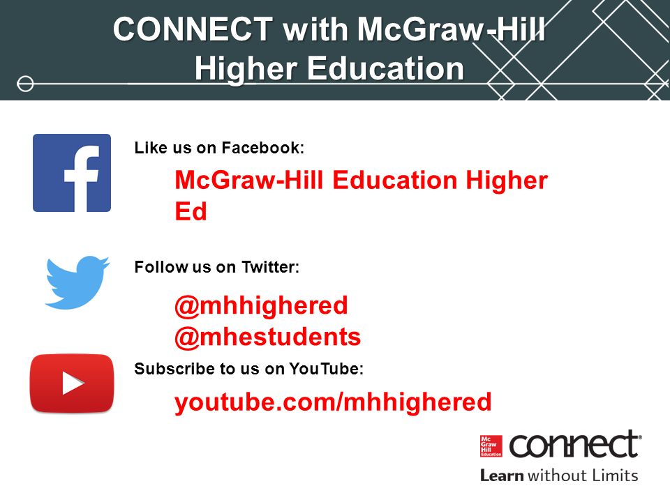 CONNECT with McGraw-Hill Higher Education Like us on Facebook: McGraw-Hill Education Higher Ed Follow us  Subscribe to us on YouTube: youtube.com/mhhighered