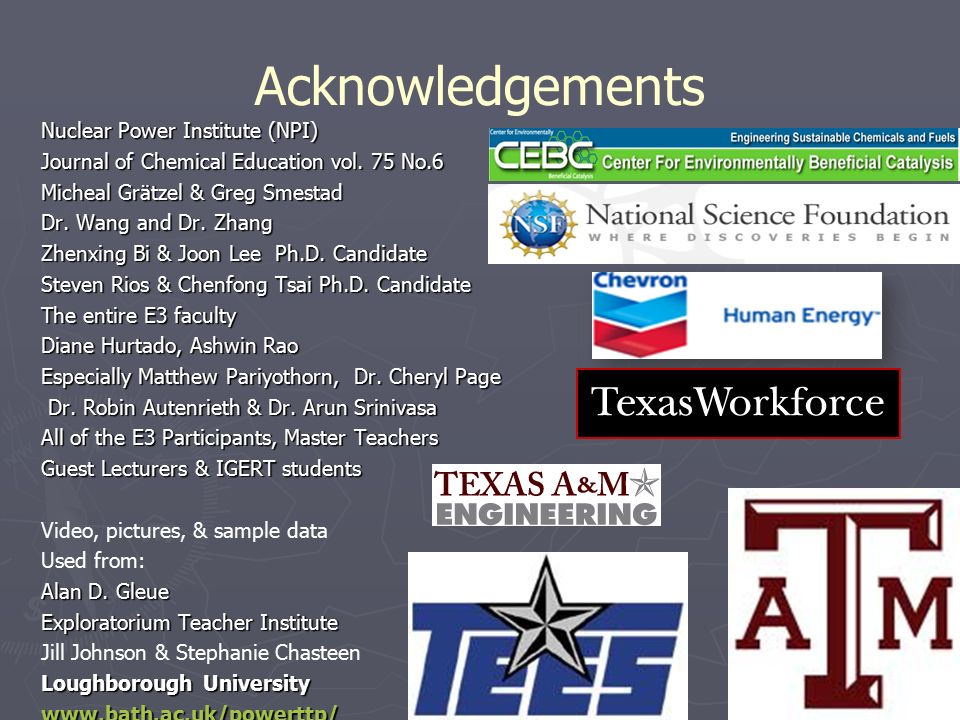 Acknowledgements Nuclear Power Institute (NPI) Journal of Chemical Education vol.