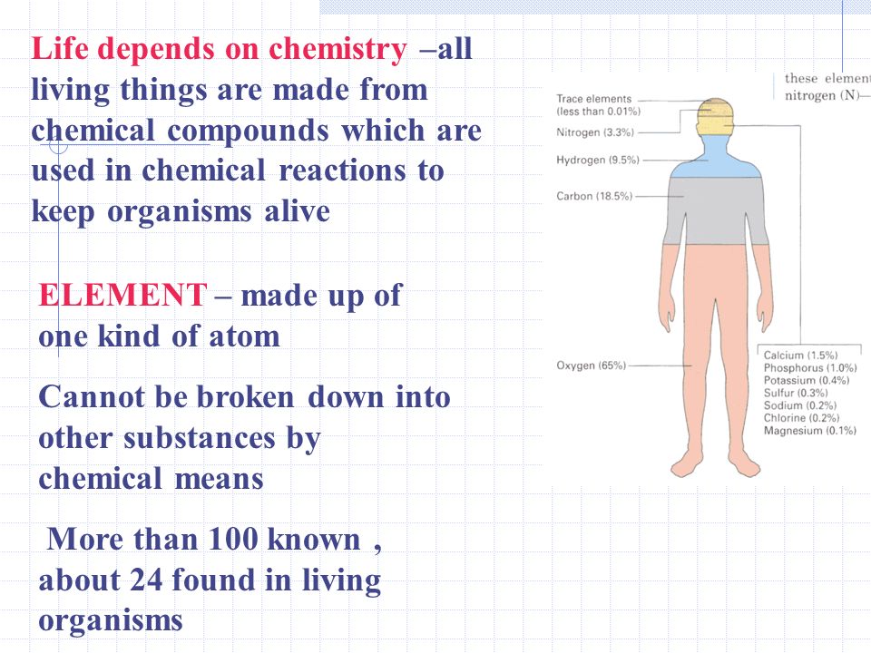 Life depends on chemistry –all living things are made from chemical compounds which are used in chemical reactions to keep organisms alive ELEMENT – made up of one kind of atom Cannot be broken down into other substances by chemical means More than 100 known, about 24 found in living organisms