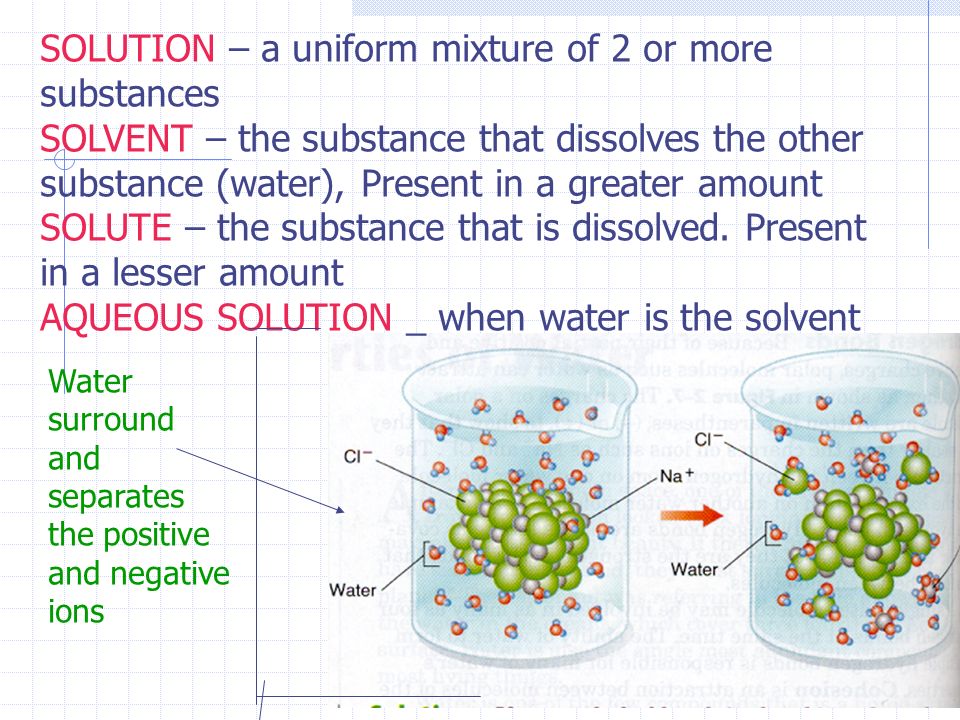 SOLUTION – a uniform mixture of 2 or more substances SOLVENT – the substance that dissolves the other substance (water), Present in a greater amount SOLUTE – the substance that is dissolved.