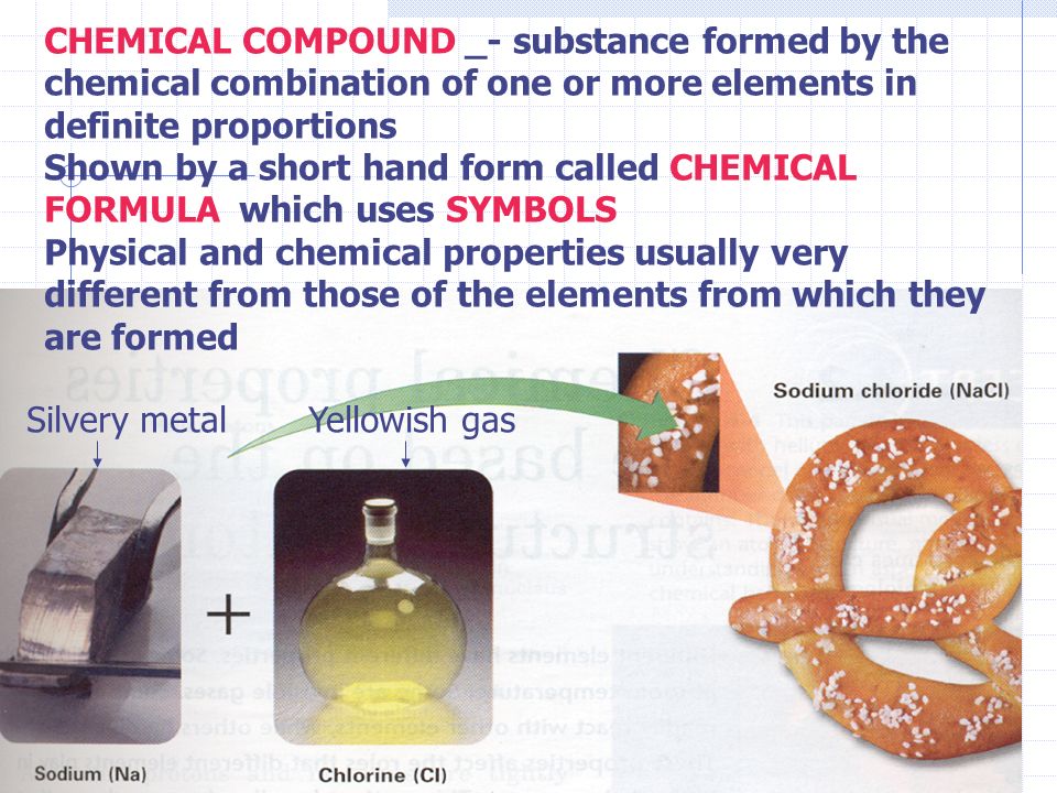 CHEMICAL COMPOUND _- substance formed by the chemical combination of one or more elements in definite proportions Shown by a short hand form called CHEMICAL FORMULA which uses SYMBOLS Physical and chemical properties usually very different from those of the elements from which they are formed Silvery metalYellowish gas